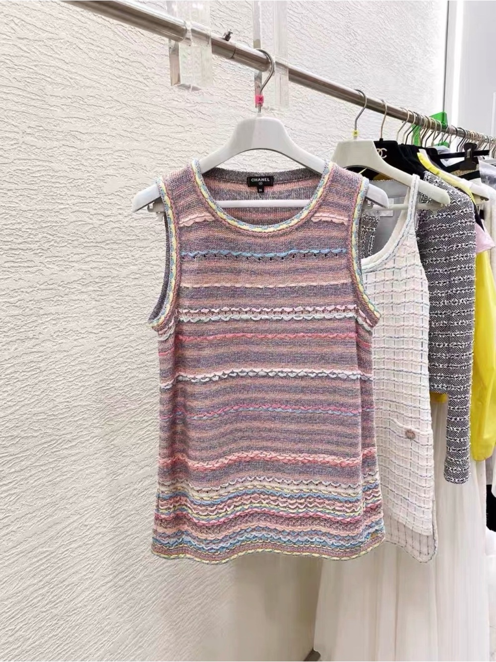 CHANEL Multicolor Pastel Striped Tweed Sleeveless Top